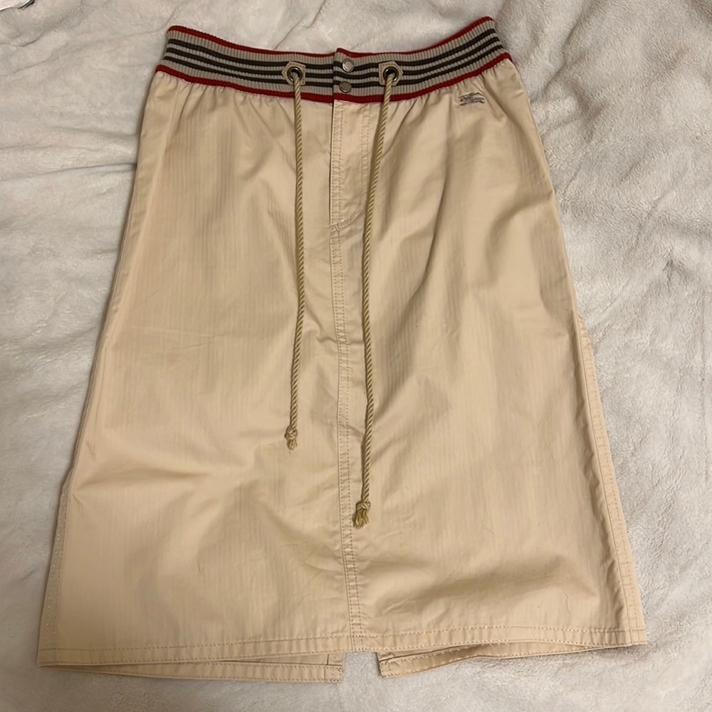 BURBERRY London Blue Label Vintage A Line Skirt Beige Stripe Pinstripe Navy Red